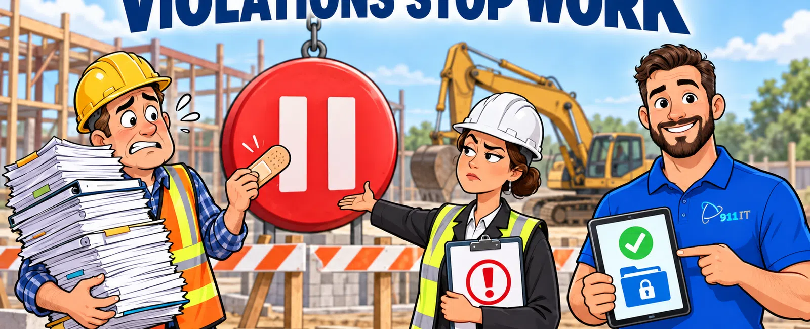 Construction site scene with worker holding documents, supervisor pausing work, and technician showing approved digital report.