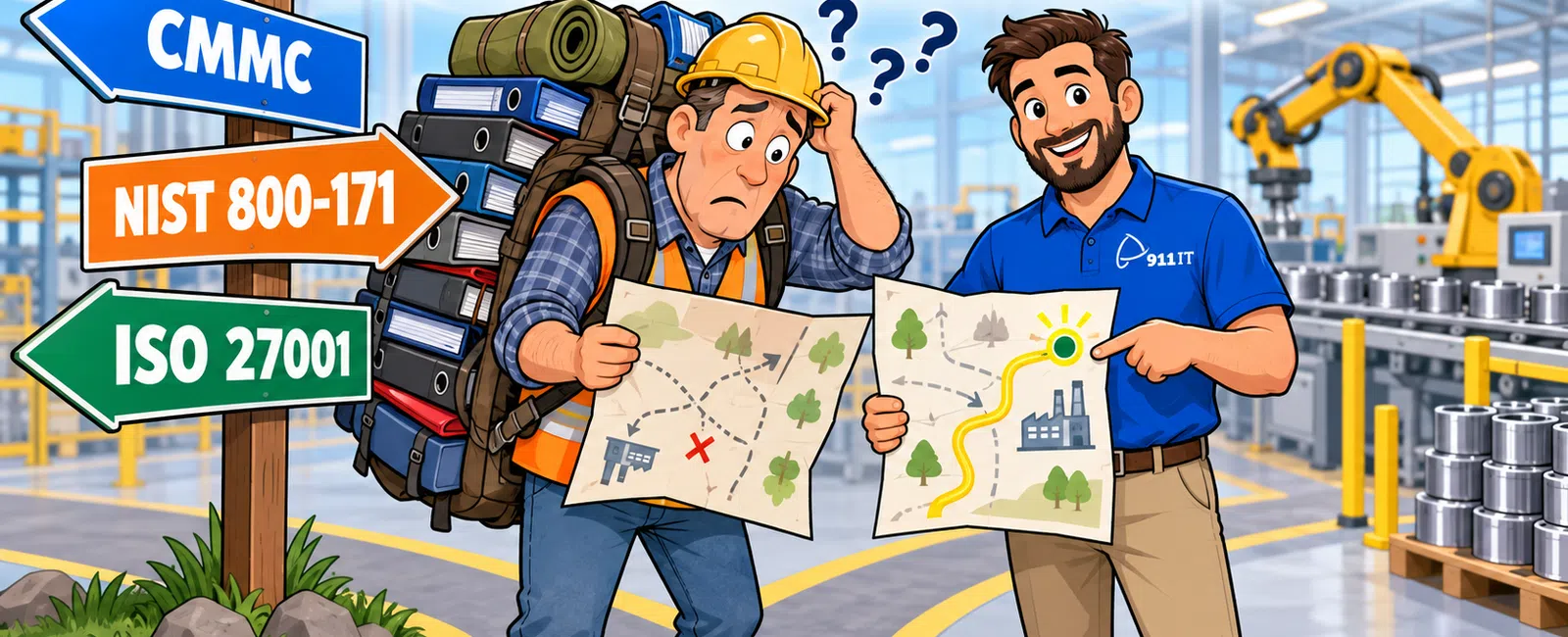Two men compare maps in a factory setting under a sign pointing to CMMC, NIST 800-171, and ISO 27001 security frameworks.