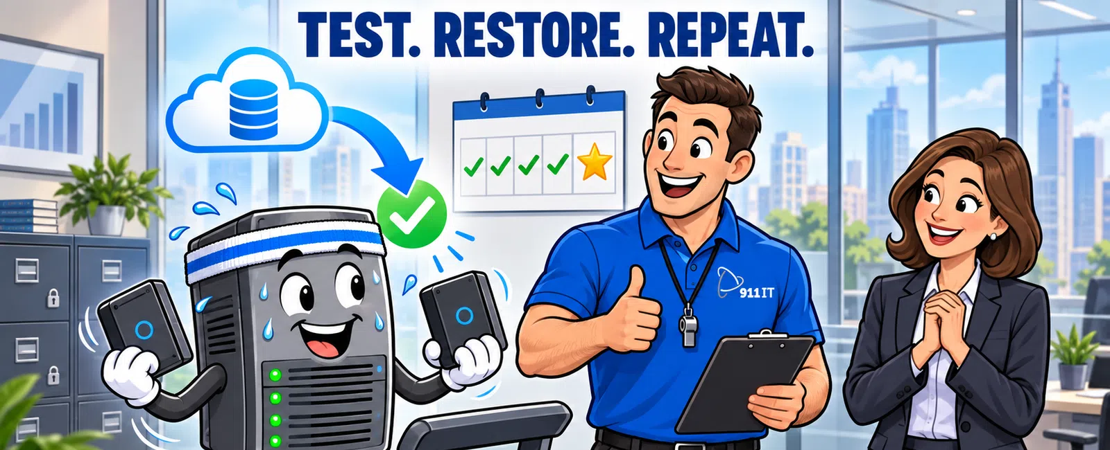 Cartoon server runs on treadmill with smartphones testing backup, technician gives thumbs up, manager looks pleased in office.