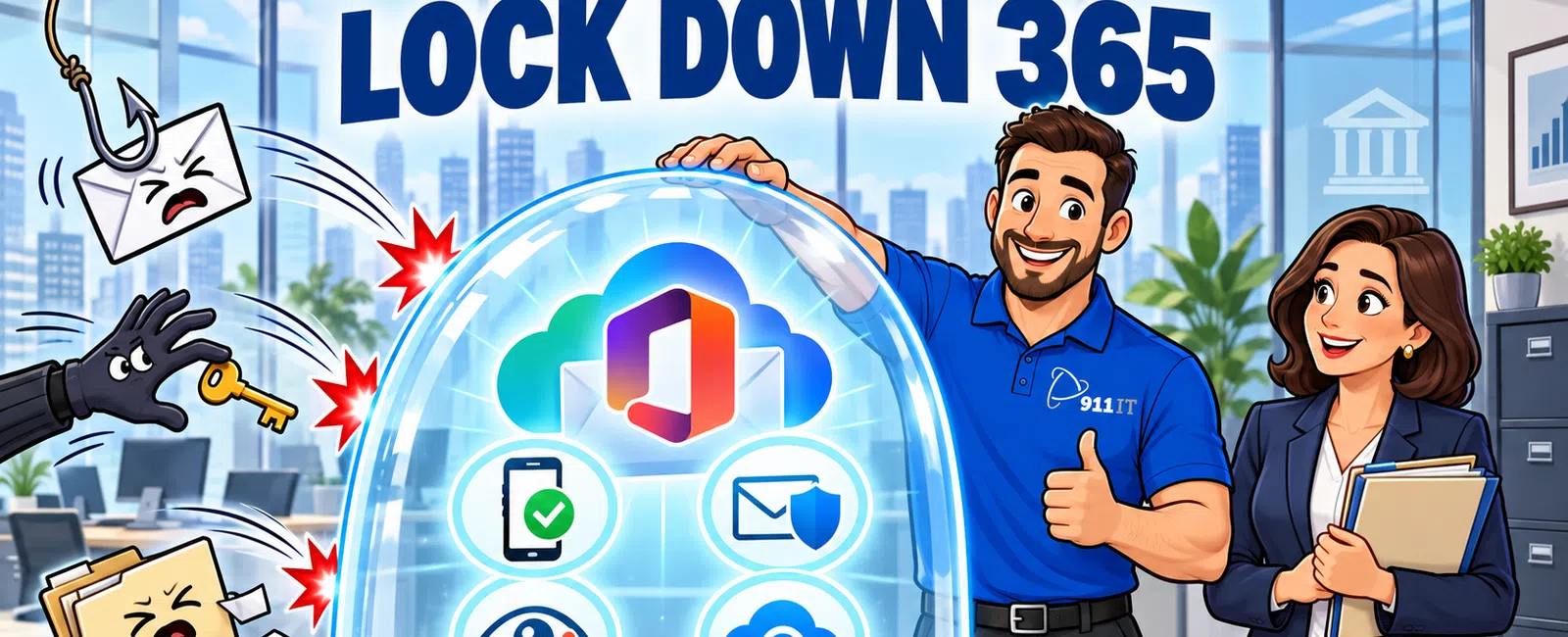 IT professionals secure Microsoft Office 365 with a protective dome against cyber threats and data breaches in an office setting.