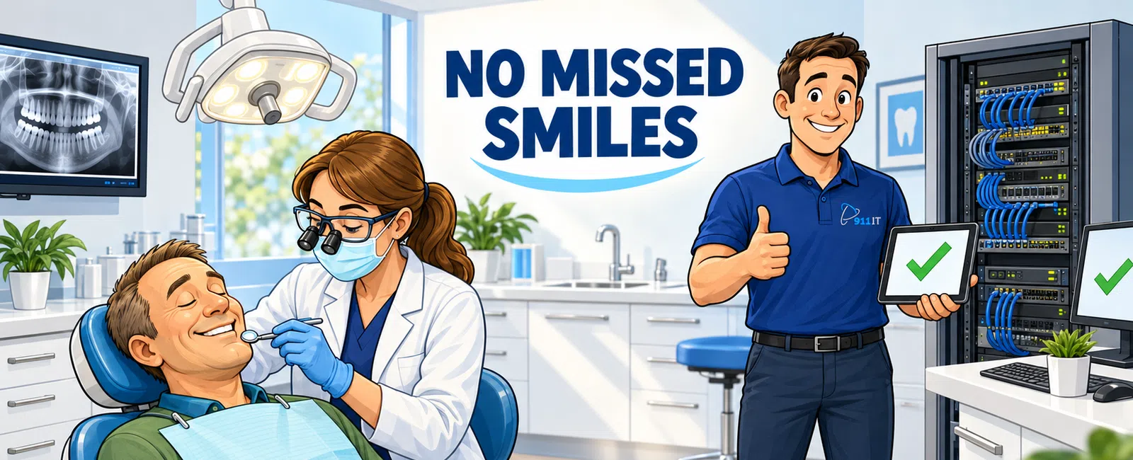 Dentist examining happy patient in modern clinic with technician showing thumbs up and no missed smiles sign