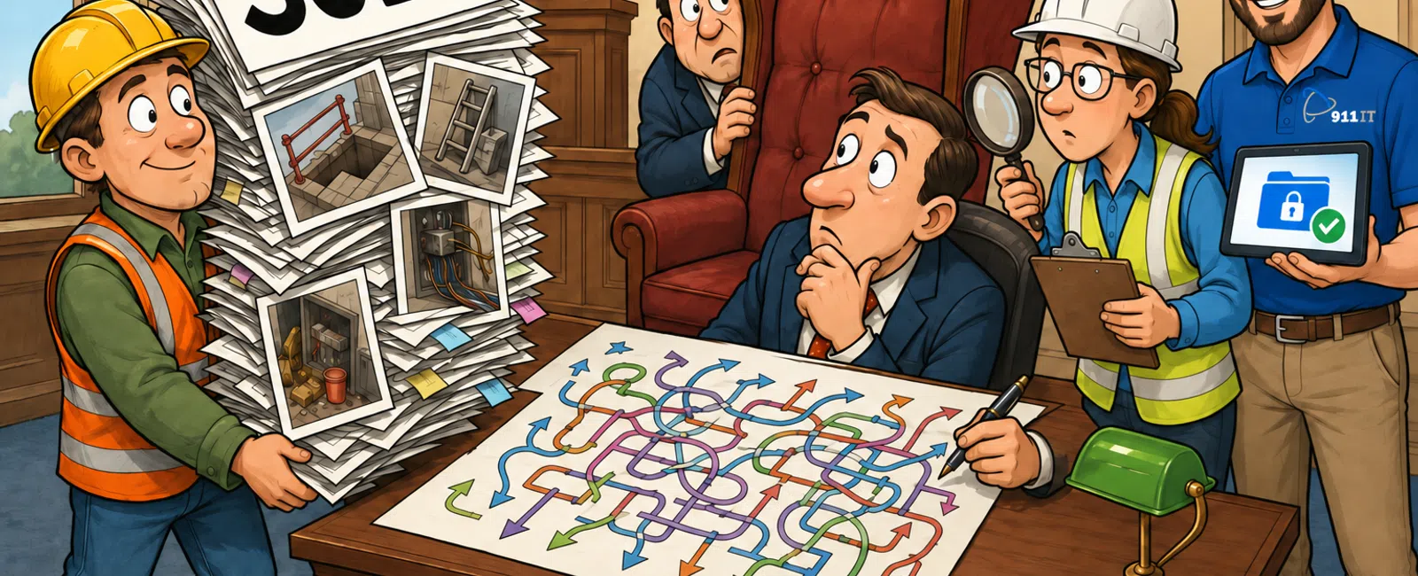 Construction worker holds large pile of papers labeled Sue? while office workers analyze a complex map in courtroom scene.