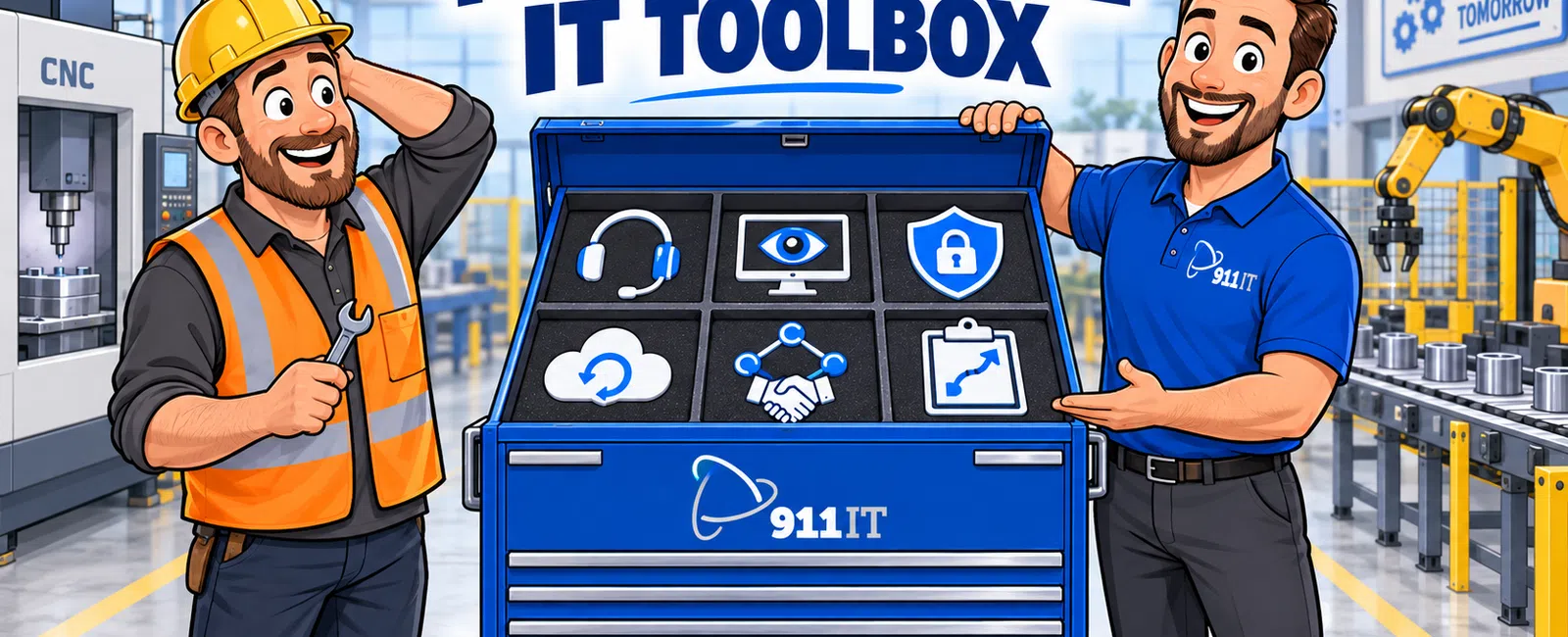 Two men showcase a blue IT toolbox with tech icons in a modern factory setting under the text Your Complete IT Toolbox.
