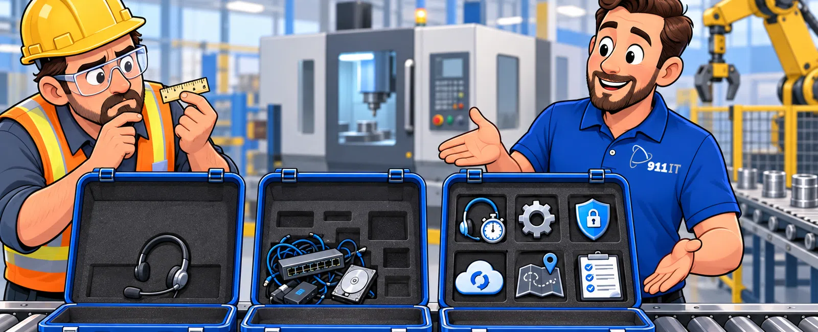 Two men compare three open blue tool cases on an industrial conveyor in a factory setting with machinery in the background.