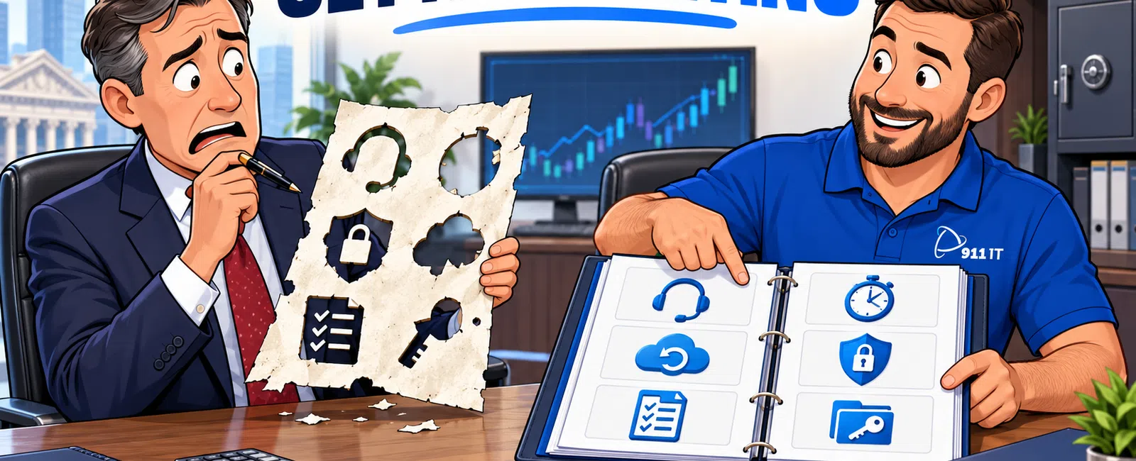Frustrated businessman holding damaged paper contrasts with smiling IT expert showing organized binder titled Get It In Writing.