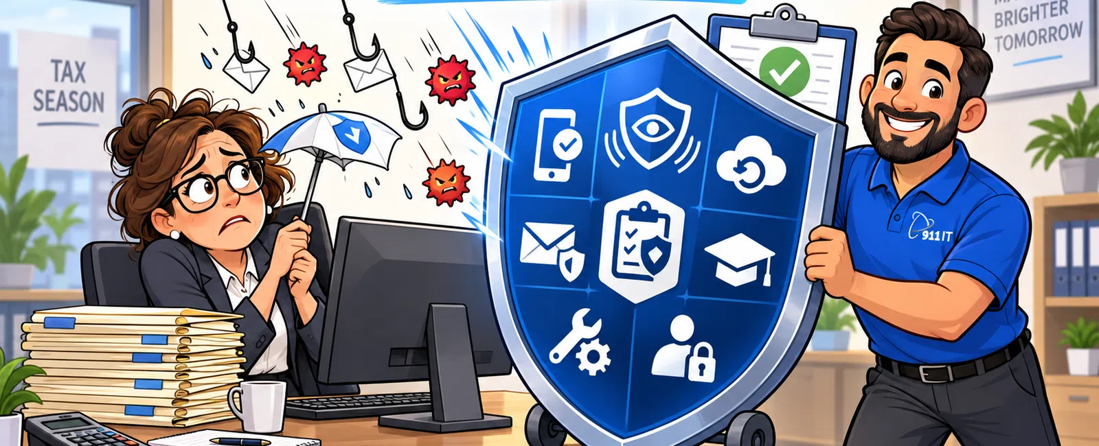 Office worker shields from cyber threats with a large protective shield labeled Build Controls First during tax season.