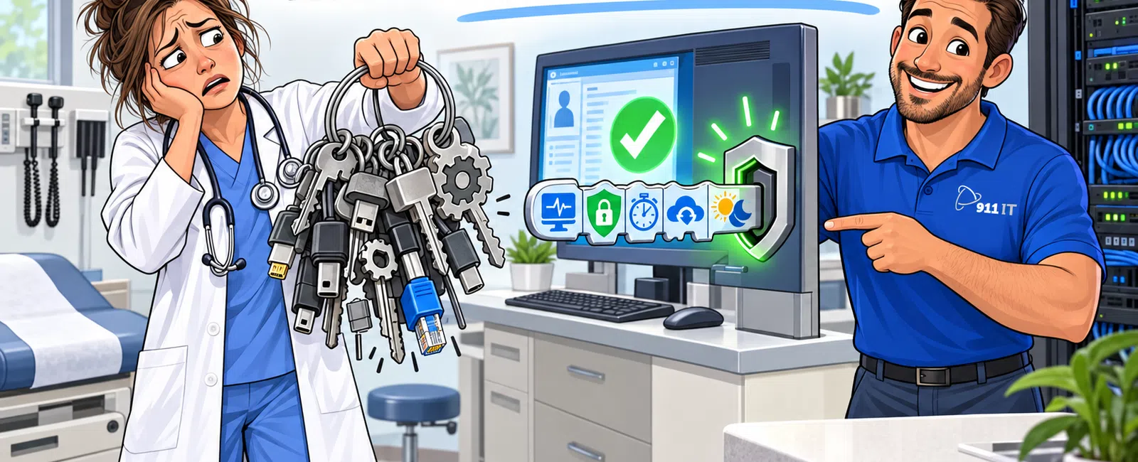 Doctor confused holding a large bunch of keys while IT technician points to secure computer access in medical office.