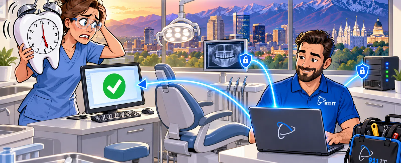 Healthcare workers use secure IT support remotely in a dental office after hours with cityscape background at sunset.