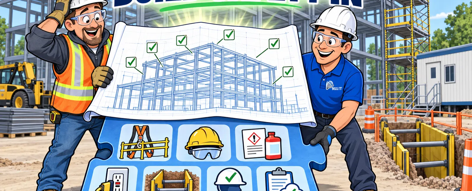 Construction workers hold blueprint of steel structure with safety icons on puzzle piece at site.