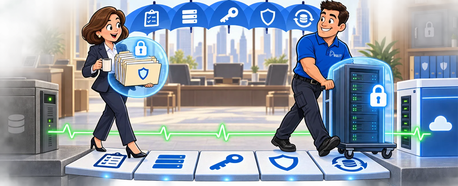 Illustration of a businesswoman and technician securely transferring data across servers under 'Switch Without the Drop' headline.