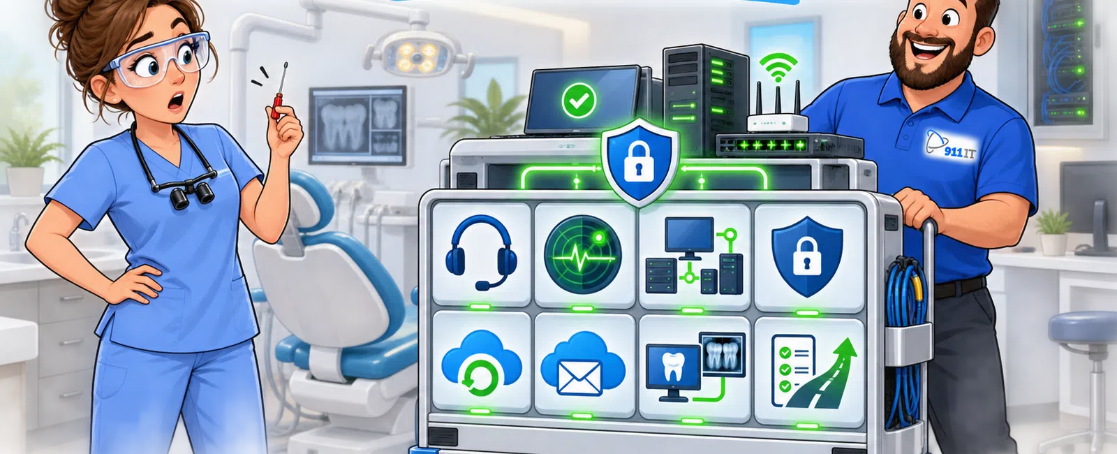Technician and dentist in office with high-tech helpdesk cart displaying security and IT service icons.