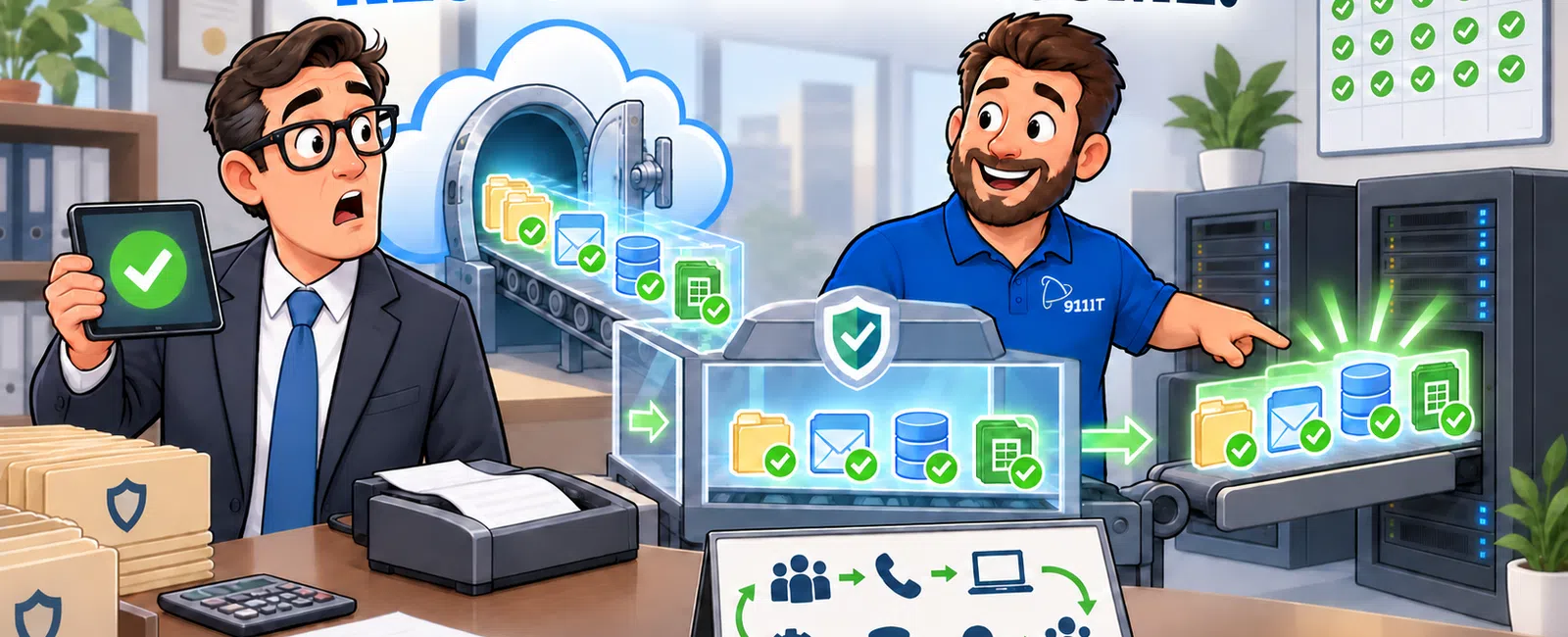 Two men showcase secure data restoration with cloud backup, servers, and verified digital files in an office setting.