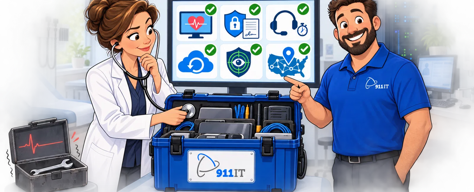 Illustration of IT professionals checking vital digital security signs with tools and checklist in an office.