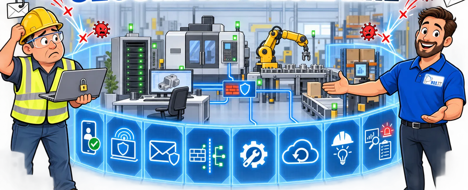 Factory security concept showing secure network protecting industrial machines and workers from cyber threats.