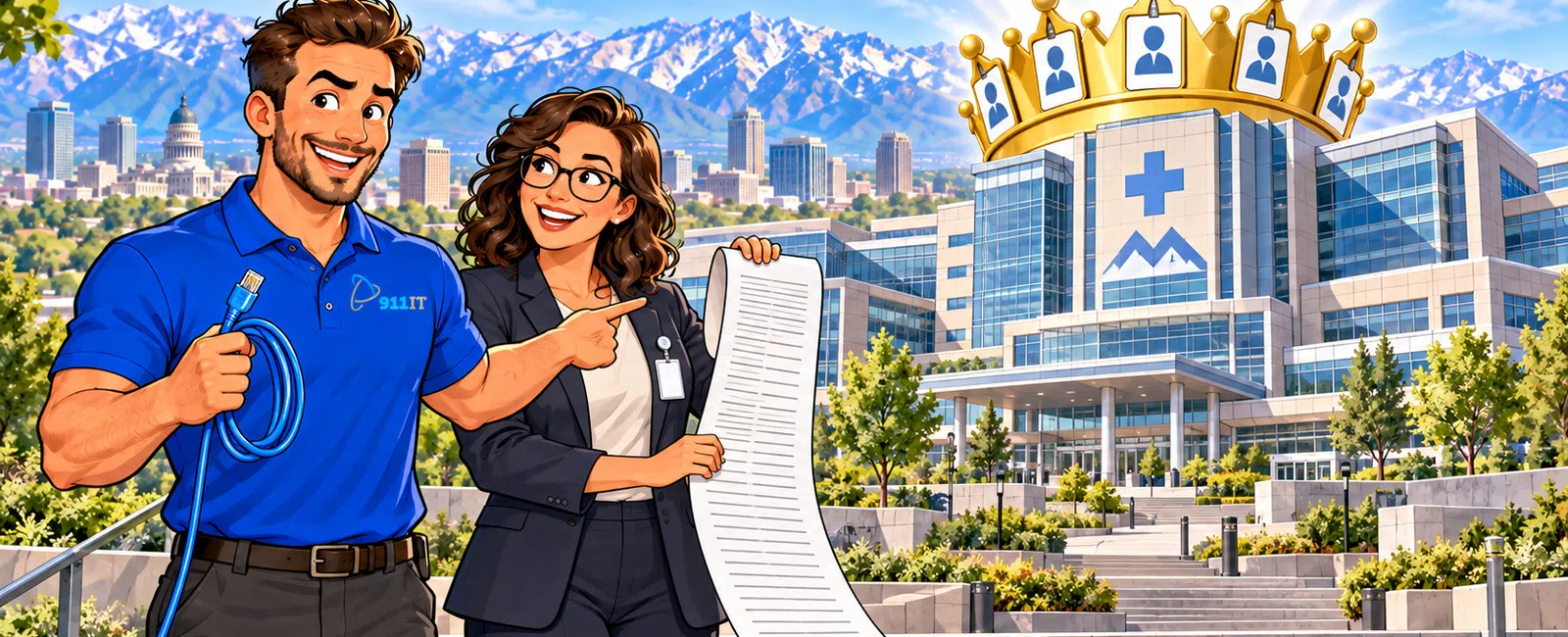 Two professionals with a long list in front of Intermountain Health building crowned as Salt Lake City's job giant.