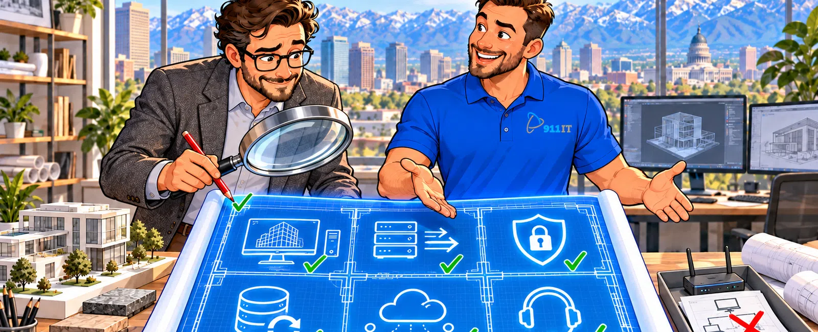 Two men review a digital blueprint with security and IT icons in a modern office against a mountain city backdrop.