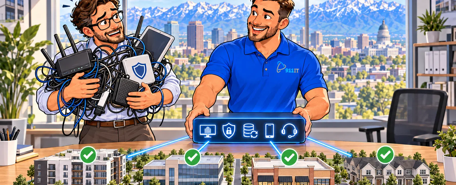 Two men in office with one holding tangled devices and the other managing smart property connections on a miniature city model.