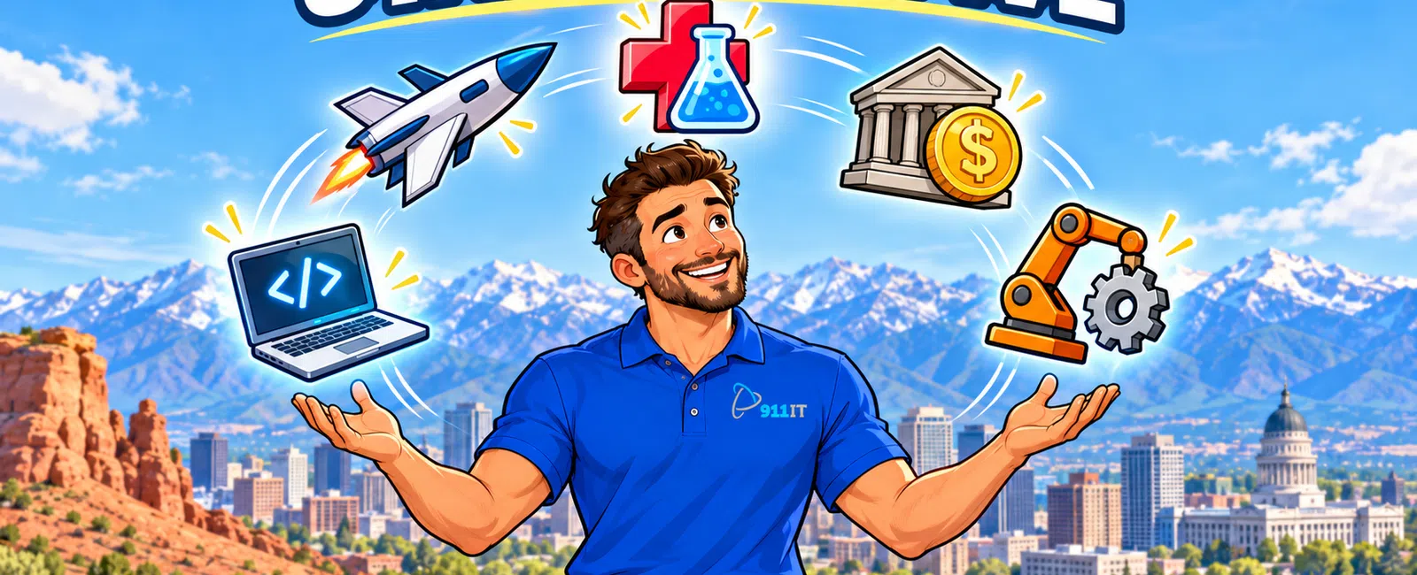 Man juggling icons representing Utah's top industries with mountains and cityscape in background under blue sky.