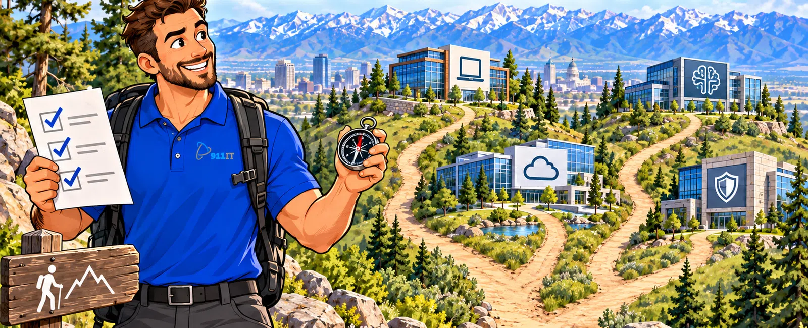 Man holding compass and checklist at a forked trail with buildings highlighting IT career paths and mountain background.