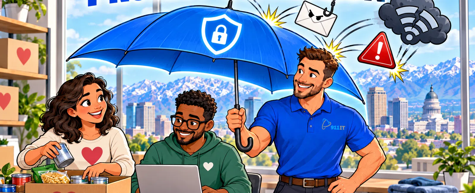 Man shields coworkers with umbrella from cyber threats like email hack and Wi-Fi danger in office setting.