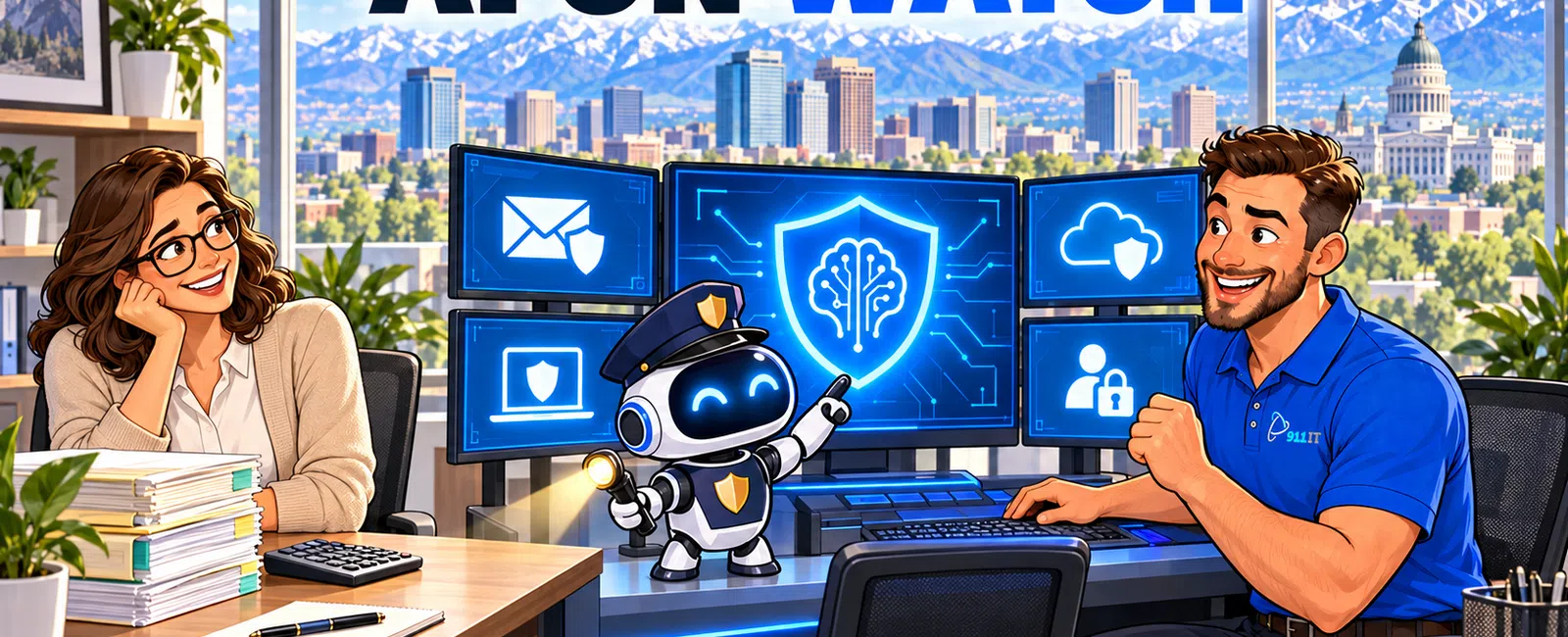 A friendly robot police officer and two professionals monitor AI security on multiple screens with city skyline outside.