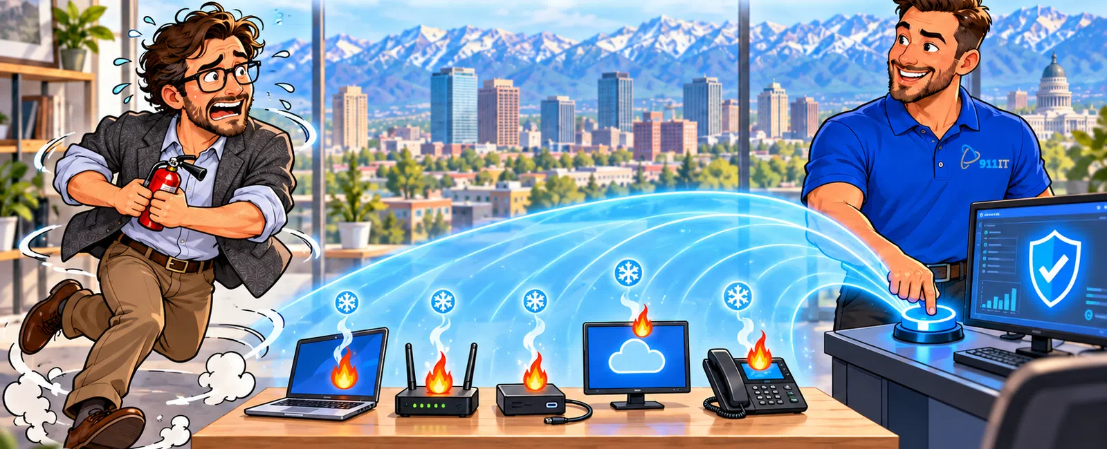 Man running with fire extinguisher while another controls computer with devices showing fire and cooling symbols under Stop Chasing Fires text.