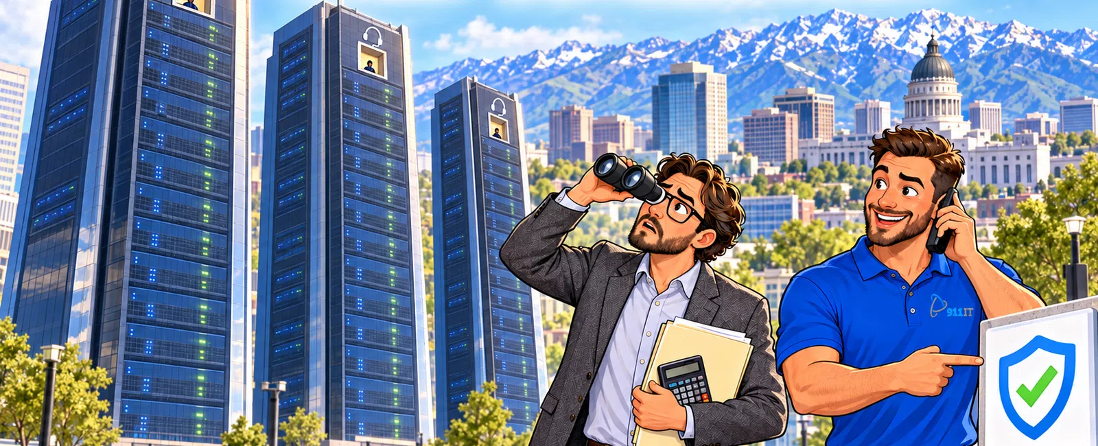Illustration contrasting large skyscrapers labeled SIZE with a smiling service agent holding a shield labeled SERVICE.