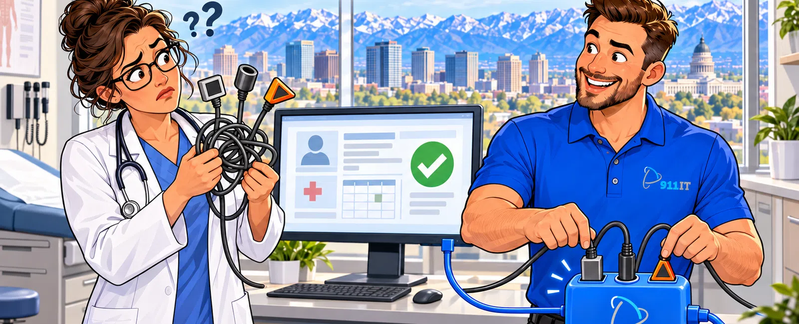 Confused doctor untangling cables while IT technician efficiently manages connections with a smart device in clinic.