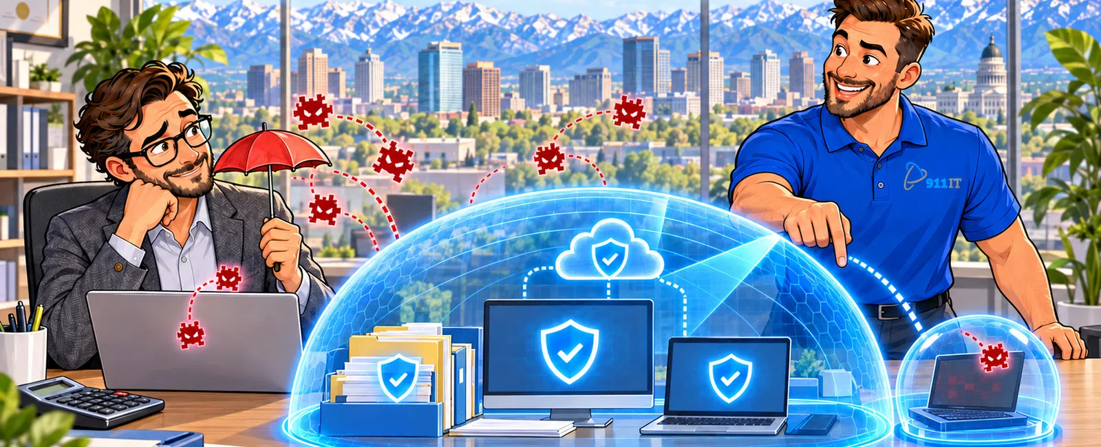 Two men protecting devices and files with digital antiviral shields against virus icons under city skyline.