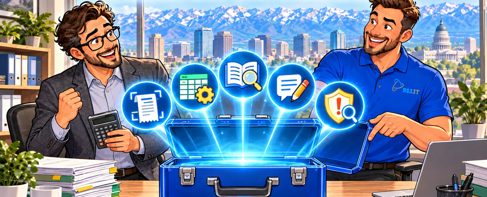 Two men at a desk with an open glowing AI toolbox showing digital icons overlaid with a city and mountain background.
