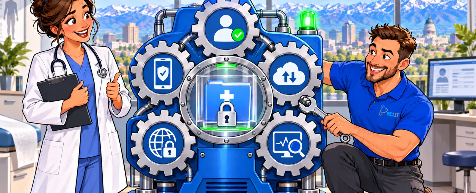 Doctor and technician maintain HIPAA compliance with secure medical data system in hospital setting.