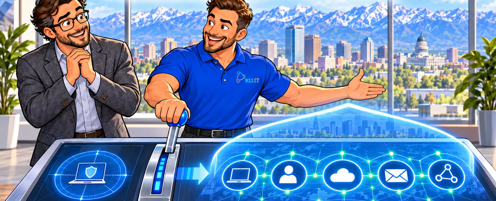 Two men demonstrate transitioning cybersecurity from EDR to XDR using a futuristic digital display with icons.