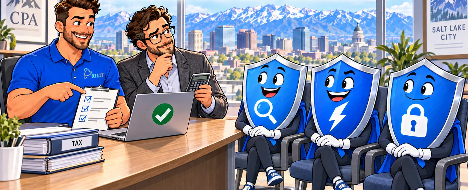 IT professional and client discuss EDR options with three shield mascots in a bright office overlooking a city skyline.