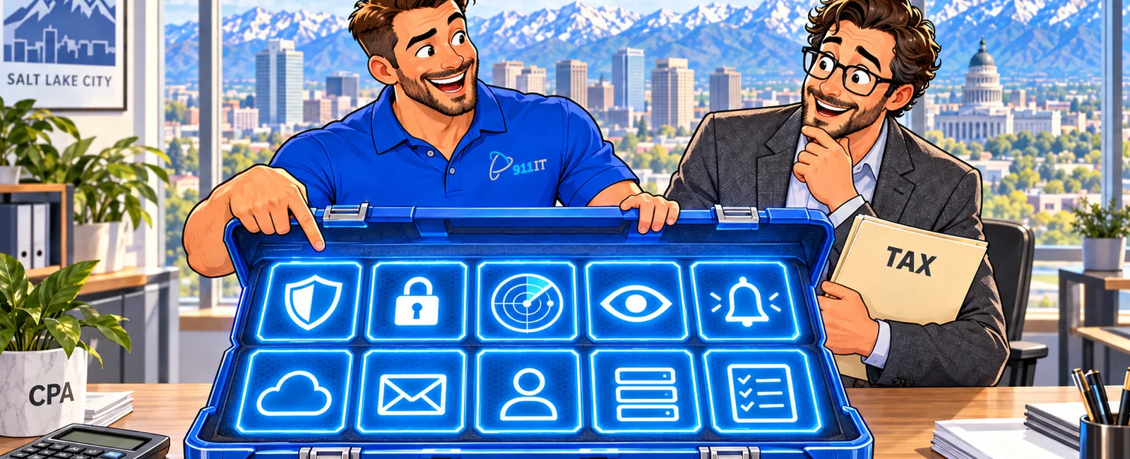 Two men presenting a briefcase with top 10 SOC tool icons against Salt Lake City skyline backdrop.