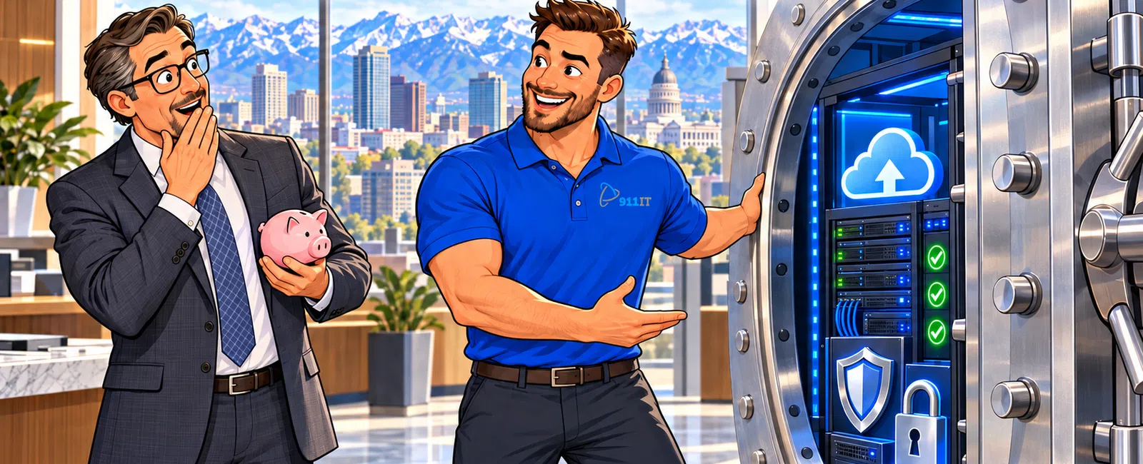 IT professional shows businessman a secure digital vault with cloud storage in modern office with cityscape.