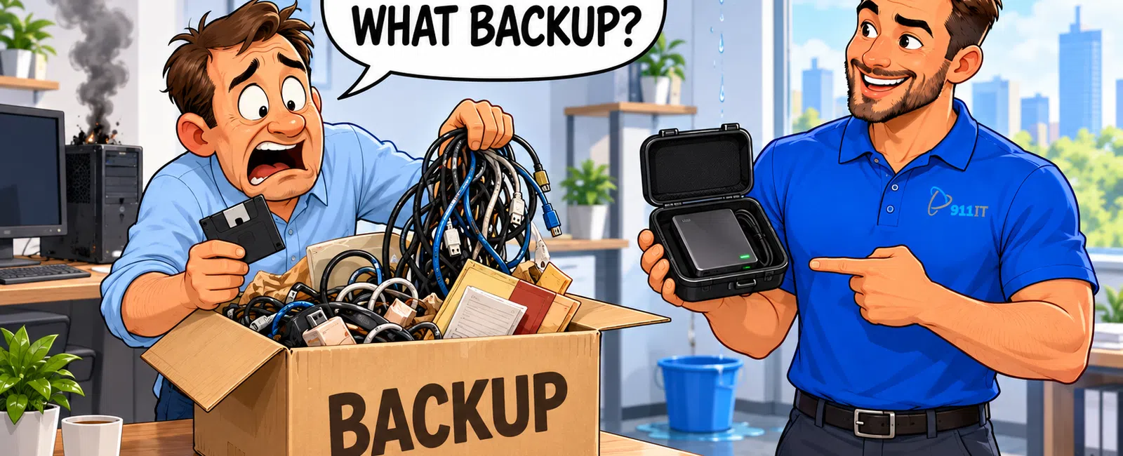 Stressed man holds old backup devices while technician offers modern backup solution in office with smoking computer.