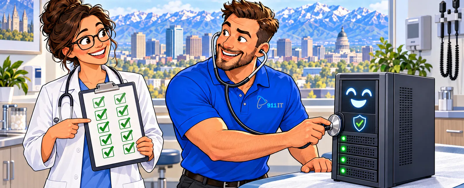 Healthcare professional and IT technician performing healthcare-themed IT checkup on happy server with mountain city backdrop.