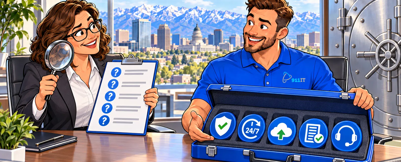 Businessman presenting a briefcase with IT icons to a woman holding a clipboard in an office with city and mountain view.