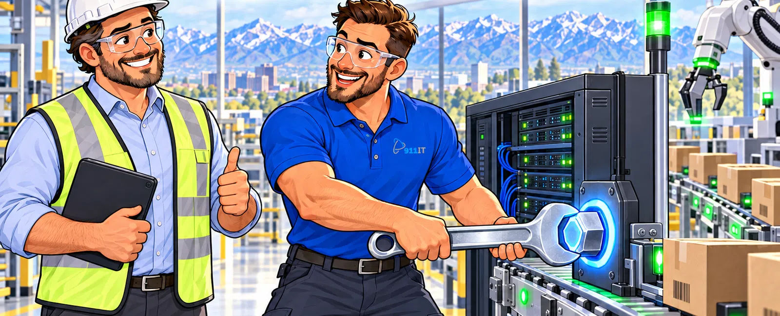 Two men in safety gear working on a server in a modern factory with robotic arms and mountains in the background.