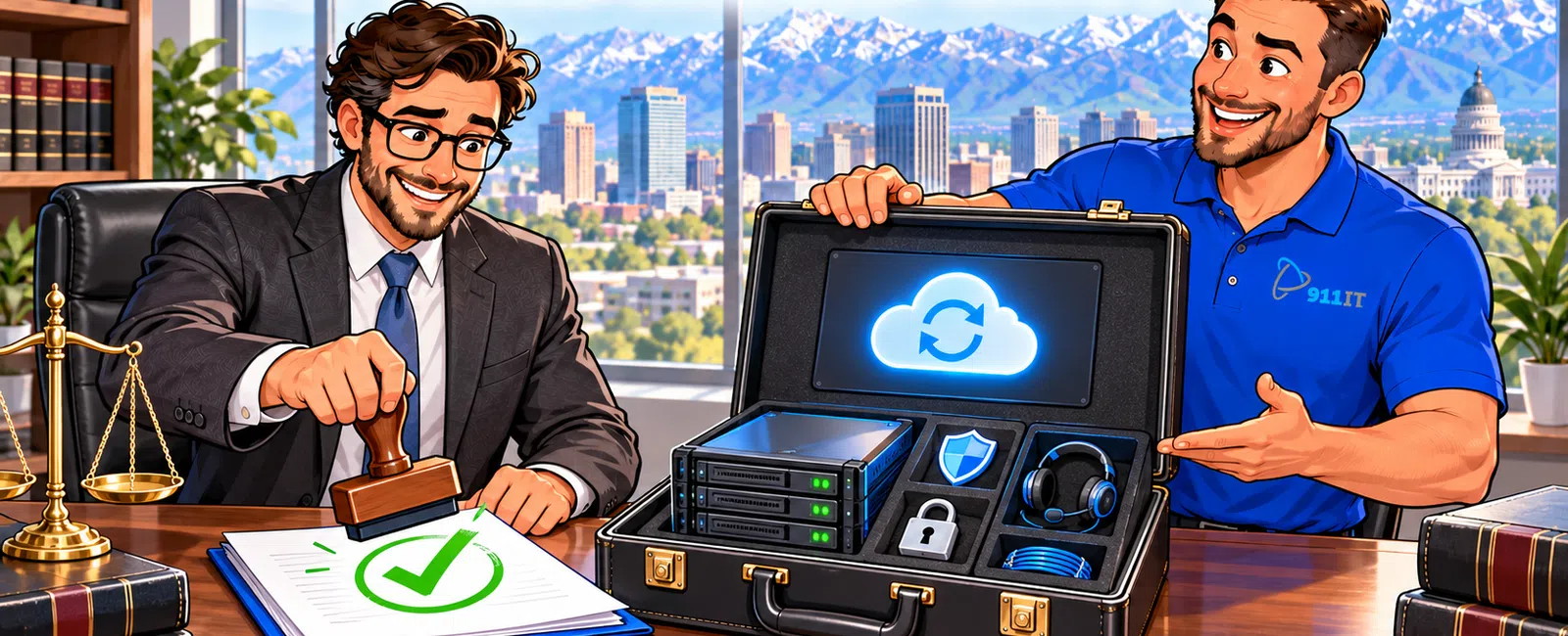 Businessman stamping approved documents as IT specialist presents cloud security IT equipment in briefcase.