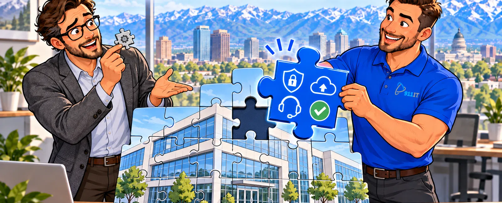 Two men fitting puzzle pieces showing a building and security icons with text Find the Right Fit