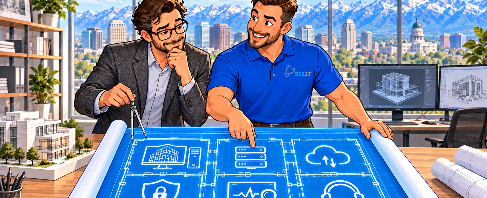 Two men discuss IT network design over a digital blueprint with cybersecurity and cloud icons in a bright office.