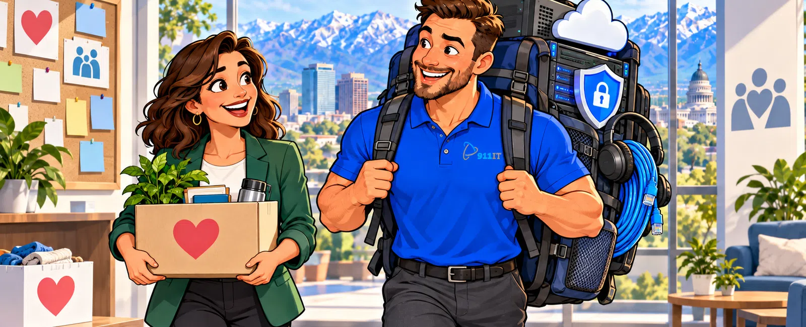 Tech support professional in blue shirt with high-tech backpack assists smiling woman carrying a box in office setting.