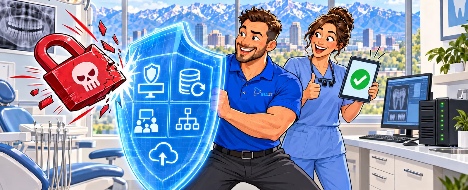 IT professionals in dental office block ransomware attack with digital shield and tablet showing green checkmark.