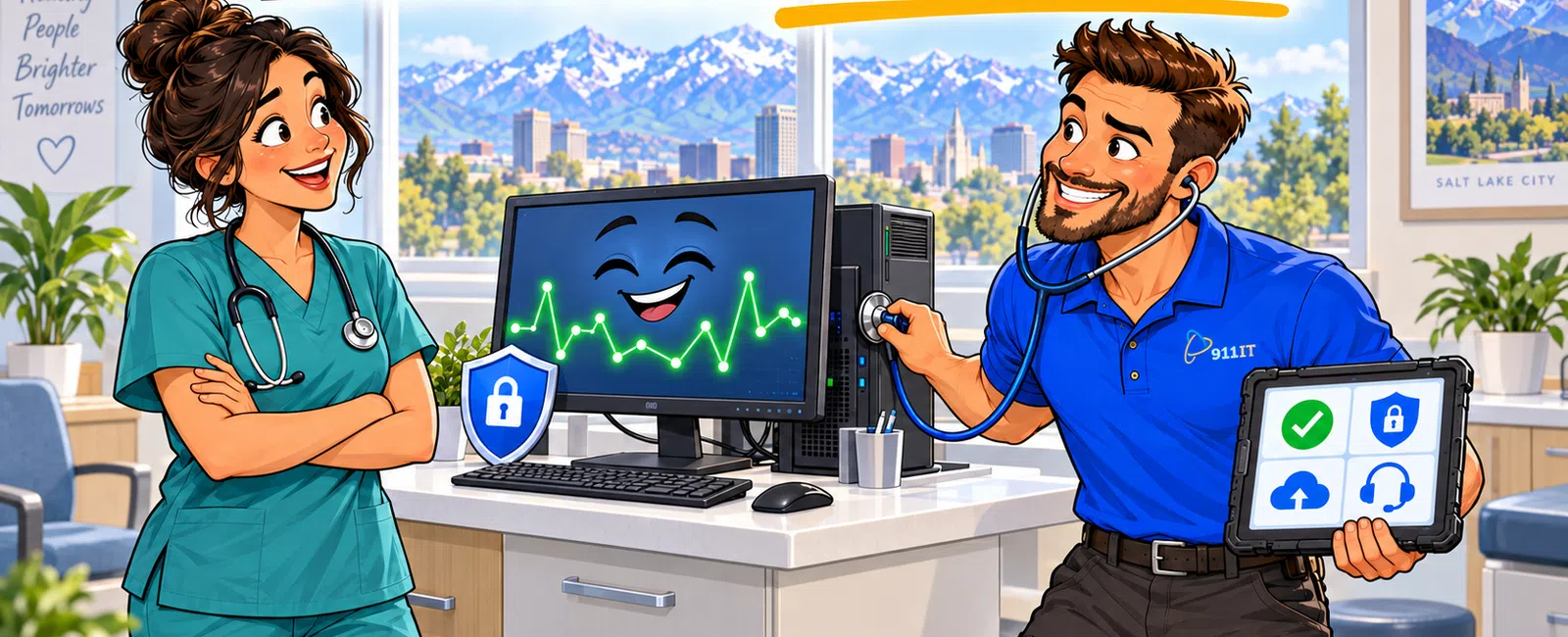Technician using stethoscope on happy computer with nurse smiling in medical office with mountain view.