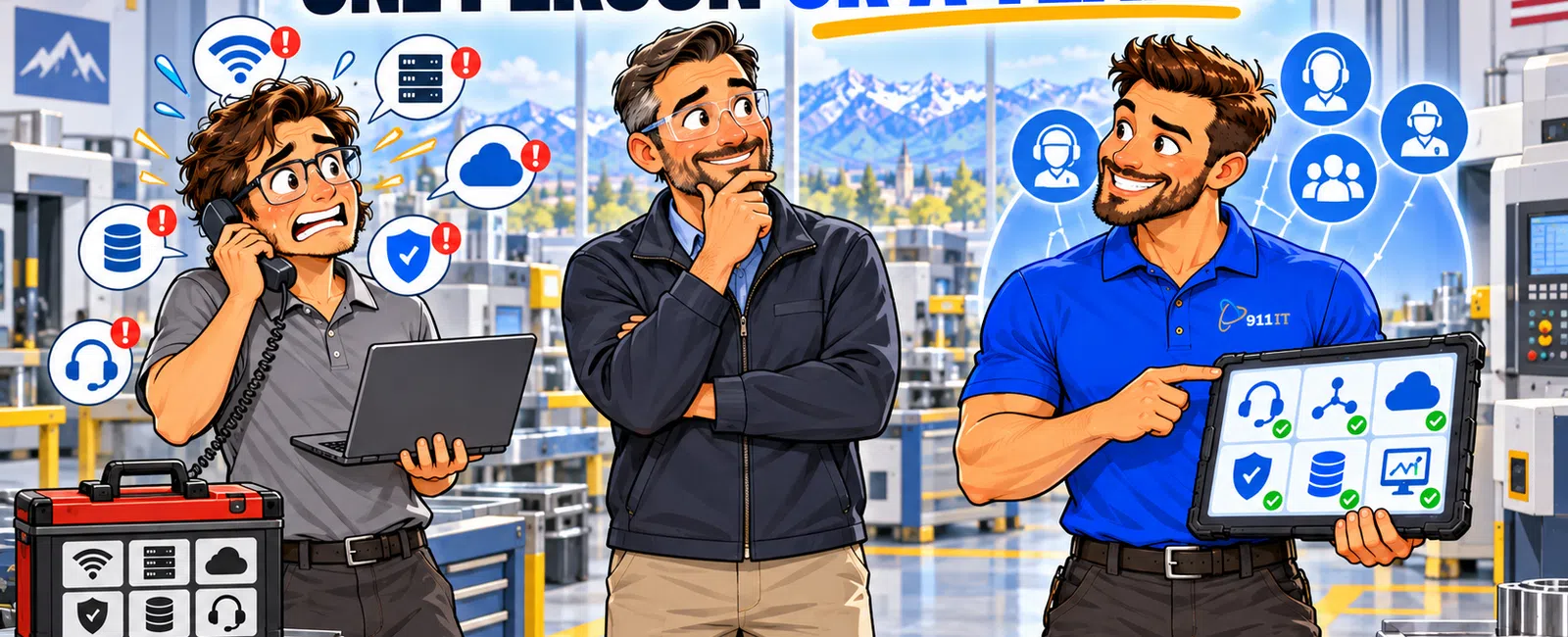 Three men in a factory setting debating one person versus a team with digital icons illustrating connectivity and teamwork.