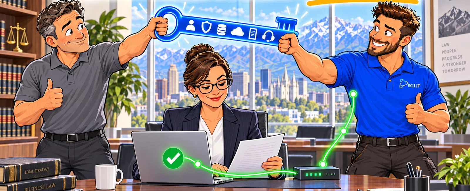 Two men exchange a glowing key above a working woman at a laptop with internet connection icons and city view.