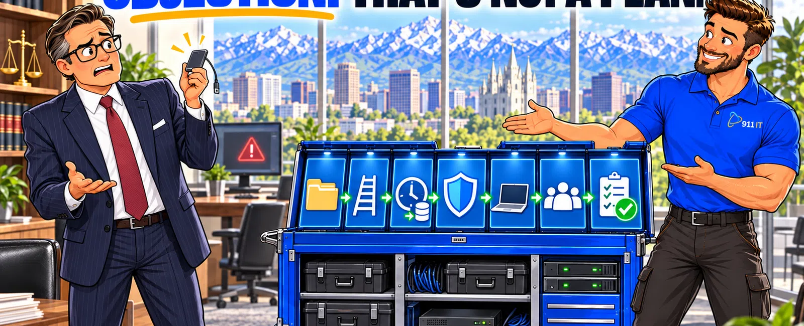 Two men debating IT strategy in an office with a visual plan on a blue cart and city skyline in background.