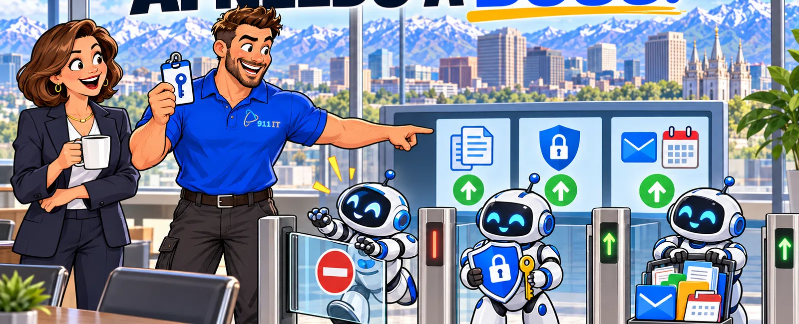 Office setting with two professionals managing friendly service robots with security and productivity icons.