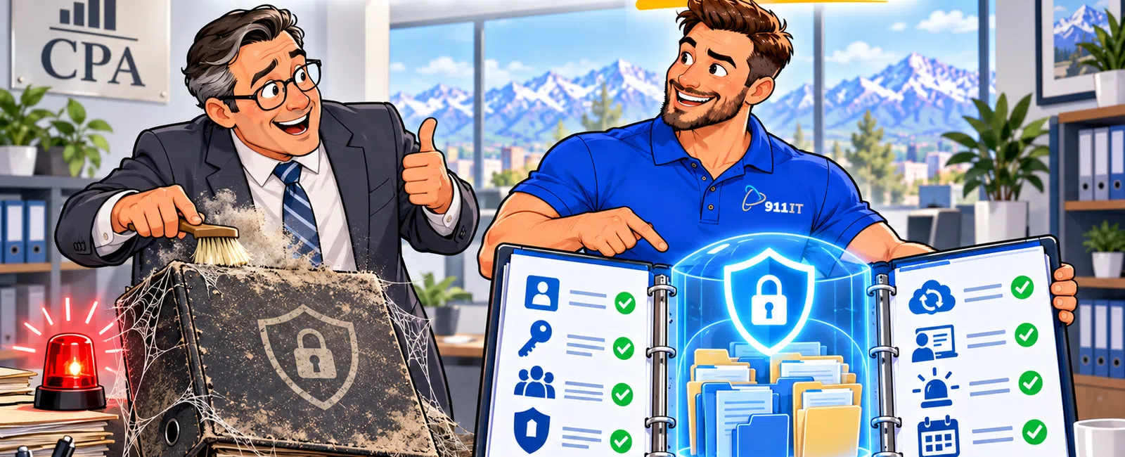 Man replacing old dusty binder with modern secure digital binder showing data protection icons in office.